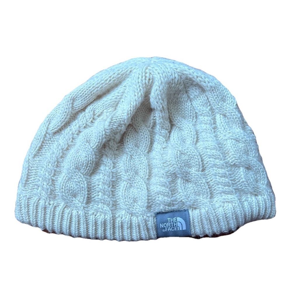 The North Face Hat Beanie Womens One Size White Cable Knit Fleece Lined Winter